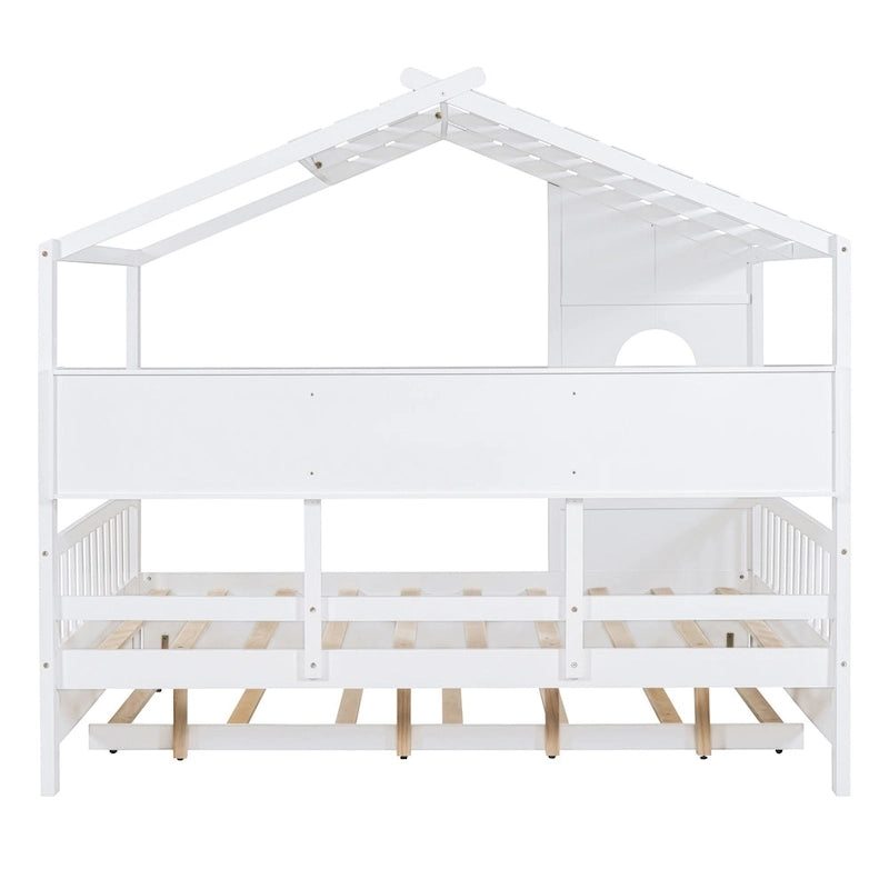 Gray / White Pinewood House-Shaped Kids Bed with Trundle & 3 Back Shelves – Twin / Full – 1 Person
