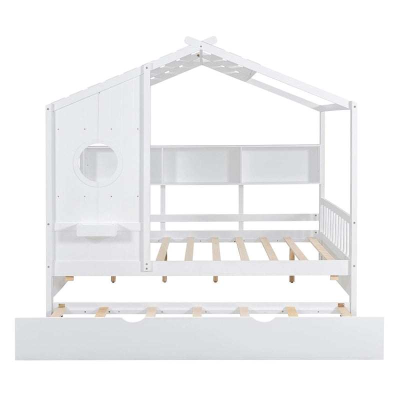 Gray / White Pinewood House-Shaped Kids Bed with Trundle & 3 Back Shelves – Twin / Full – 1 Person