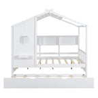 Gray / White Pinewood House-Shaped Kids Bed with Trundle & 3 Back Shelves – Twin / Full – 1 Person