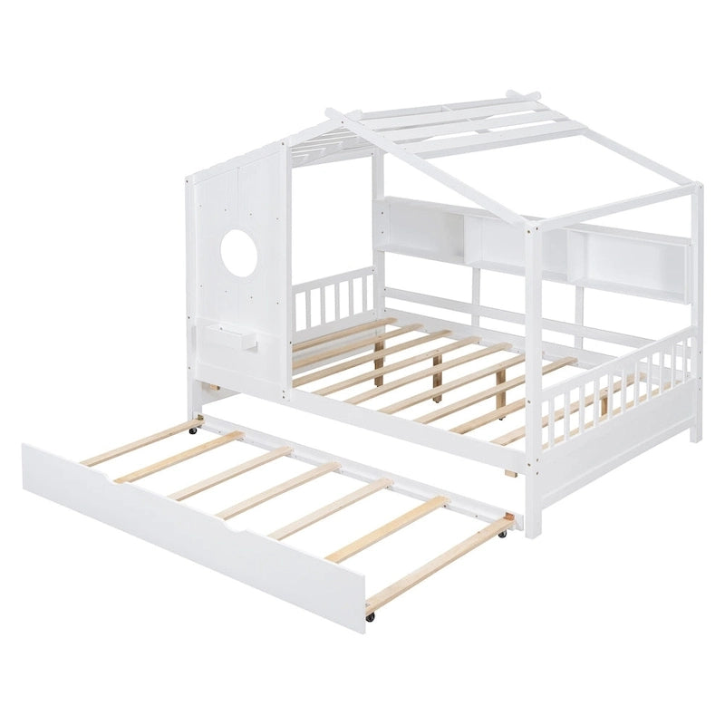Gray / White Pinewood House-Shaped Kids Bed with Trundle & 3 Back Shelves – Twin / Full – 1 Person