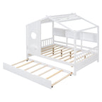 Gray / White Pinewood House-Shaped Kids Bed with Trundle & 3 Back Shelves – Twin / Full – 1 Person
