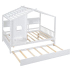 Gray / White Pinewood House-Shaped Kids Bed with Trundle & 3 Back Shelves – Twin / Full – 1 Person