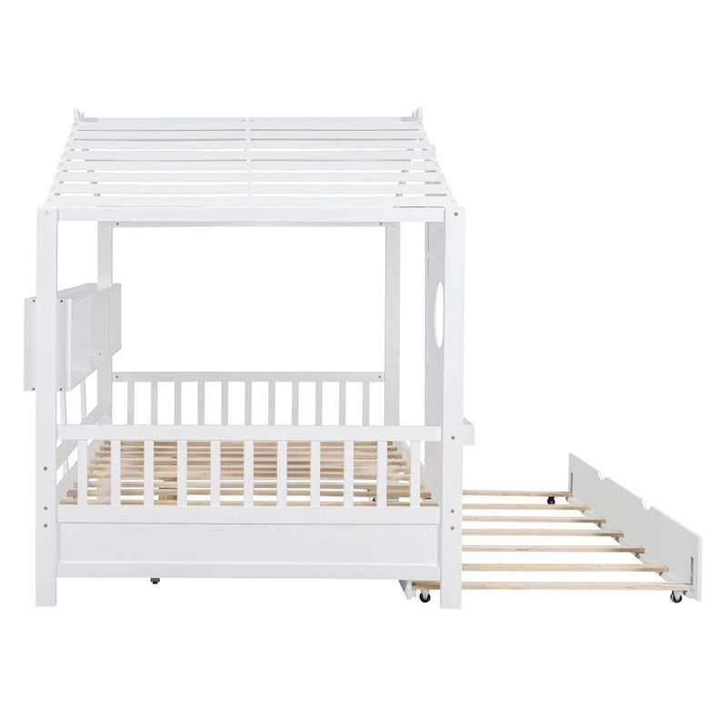 Gray / White Pinewood House-Shaped Kids Bed with Trundle & 3 Back Shelves – Twin / Full – 1 Person
