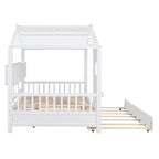 Gray / White Pinewood House-Shaped Kids Bed with Trundle & 3 Back Shelves – Twin / Full – 1 Person
