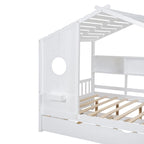 Gray / White Pinewood House-Shaped Kids Bed with Trundle & 3 Back Shelves – Twin / Full – 1 Person