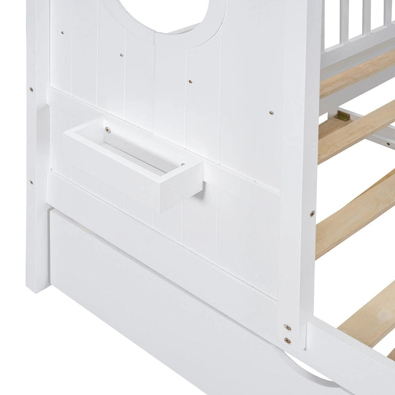 Gray / White Pinewood House-Shaped Kids Bed with Trundle & 3 Back Shelves – Twin / Full – 1 Person