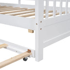 Gray / White Pinewood House-Shaped Kids Bed with Trundle & 3 Back Shelves – Twin / Full – 1 Person