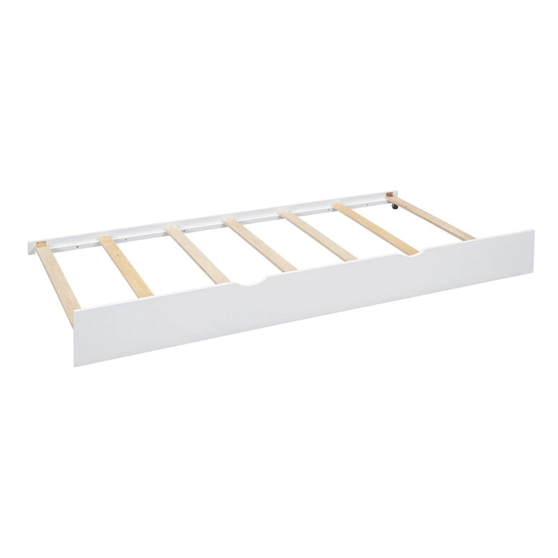 Gray / White Pinewood House-Shaped Kids Bed with Trundle & 3 Back Shelves – Twin / Full – 1 Person