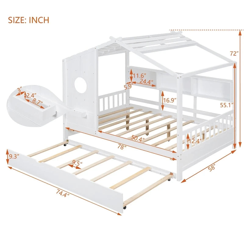 Gray / White Pinewood House-Shaped Kids Bed with Trundle & 3 Back Shelves – Twin / Full – 1 Person