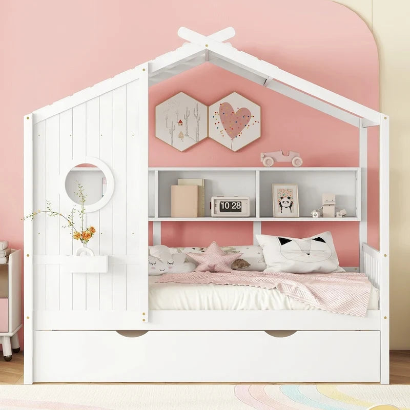 Gray / White Pinewood House-Shaped Kids Bed with Trundle & 3 Back Shelves – Twin / Full – 1 Person