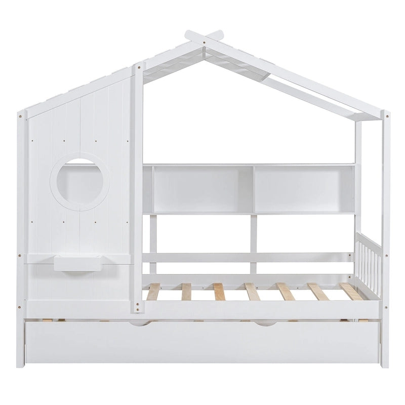 Gray / White Pinewood House-Shaped Kids Bed with Trundle & 3 Back Shelves – Twin / Full – 1 Person