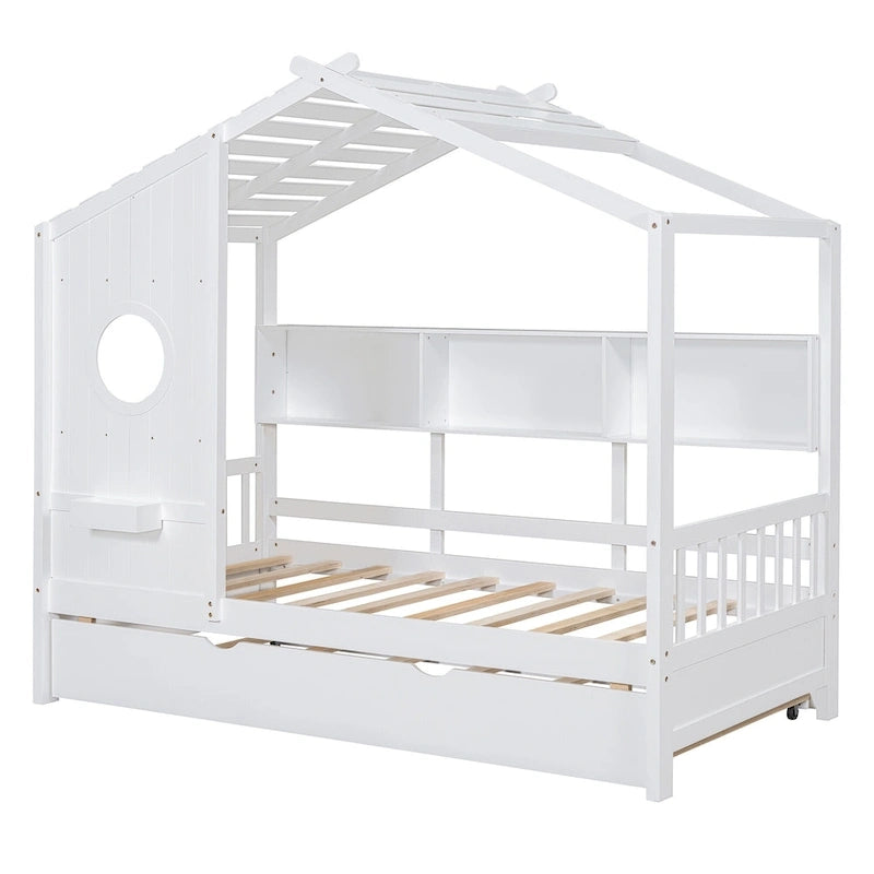 Gray / White Pinewood House-Shaped Kids Bed with Trundle & 3 Back Shelves – Twin / Full – 1 Person