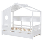 Gray / White Pinewood House-Shaped Kids Bed with Trundle & 3 Back Shelves – Twin / Full – 1 Person