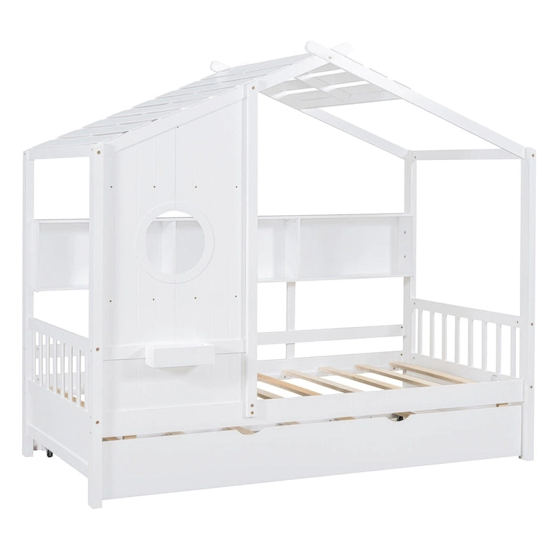 Gray / White Pinewood House-Shaped Kids Bed with Trundle & 3 Back Shelves – Twin / Full – 1 Person