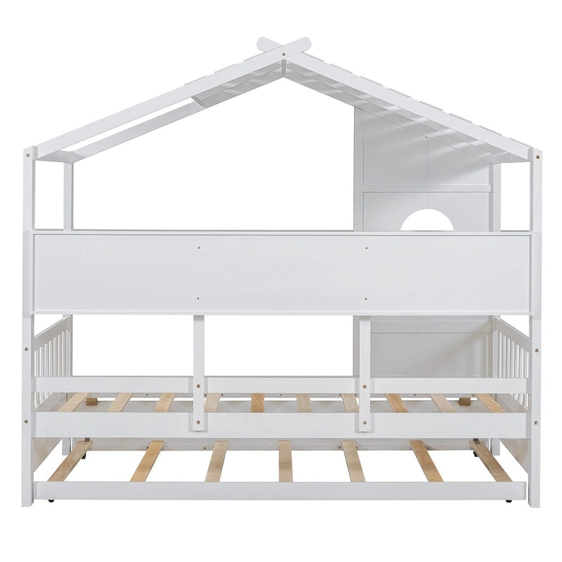 Gray / White Pinewood House-Shaped Kids Bed with Trundle & 3 Back Shelves – Twin / Full – 1 Person