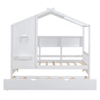 Gray / White Pinewood House-Shaped Kids Bed with Trundle & 3 Back Shelves – Twin / Full – 1 Person