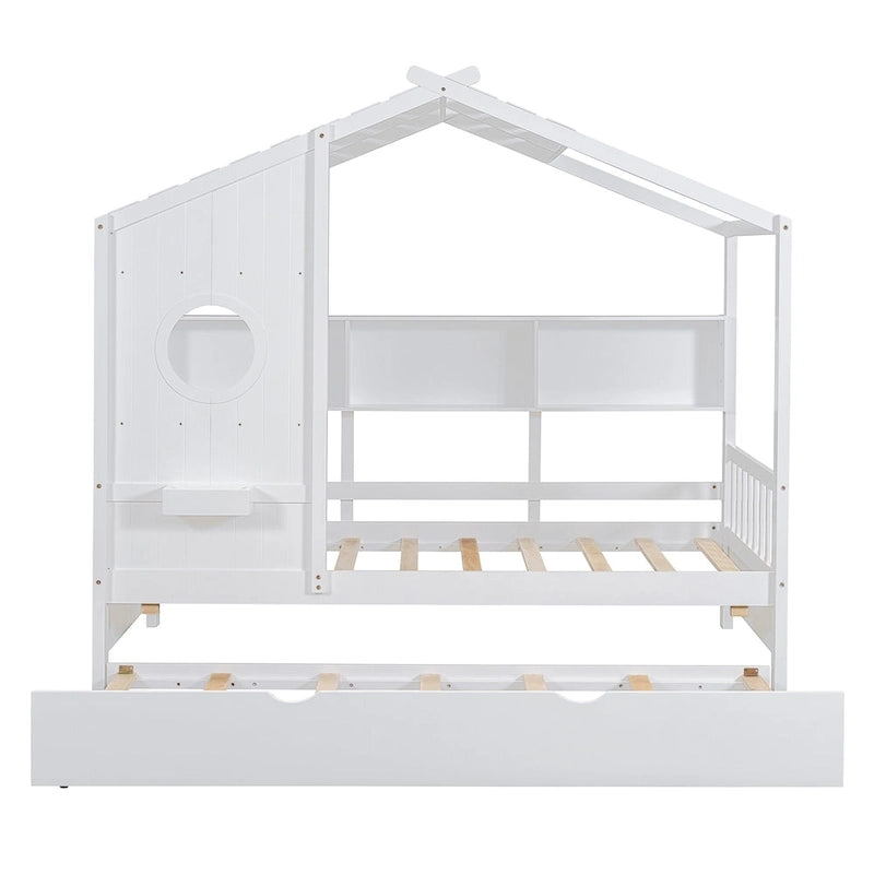 Gray / White Pinewood House-Shaped Kids Bed with Trundle & 3 Back Shelves – Twin / Full – 1 Person
