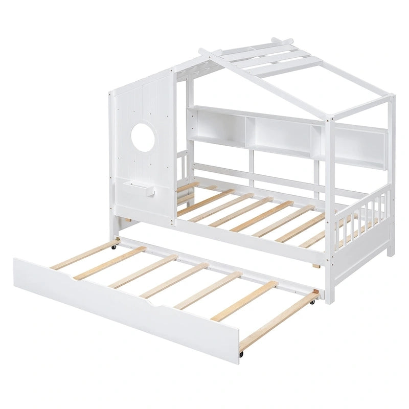 Gray / White Pinewood House-Shaped Kids Bed with Trundle & 3 Back Shelves – Twin / Full – 1 Person
