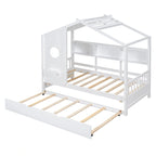 Gray / White Pinewood House-Shaped Kids Bed with Trundle & 3 Back Shelves – Twin / Full – 1 Person