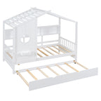 Gray / White Pinewood House-Shaped Kids Bed with Trundle & 3 Back Shelves – Twin / Full – 1 Person