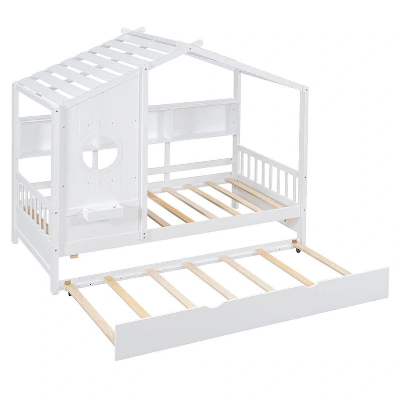 Gray / White Pinewood House-Shaped Kids Bed with Trundle & 3 Back Shelves – Twin / Full – 1 Person