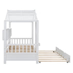 Gray / White Pinewood House-Shaped Kids Bed with Trundle & 3 Back Shelves – Twin / Full – 1 Person