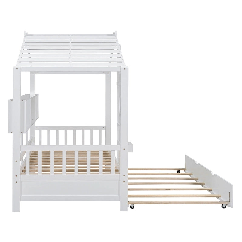 Gray / White Pinewood House-Shaped Kids Bed with Trundle & 3 Back Shelves – Twin / Full – 1 Person