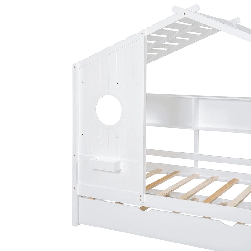 Gray / White Pinewood House-Shaped Kids Bed with Trundle & 3 Back Shelves – Twin / Full – 1 Person