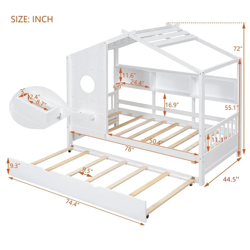 Gray / White Pinewood House-Shaped Kids Bed with Trundle & 3 Back Shelves – Twin / Full – 1 Person