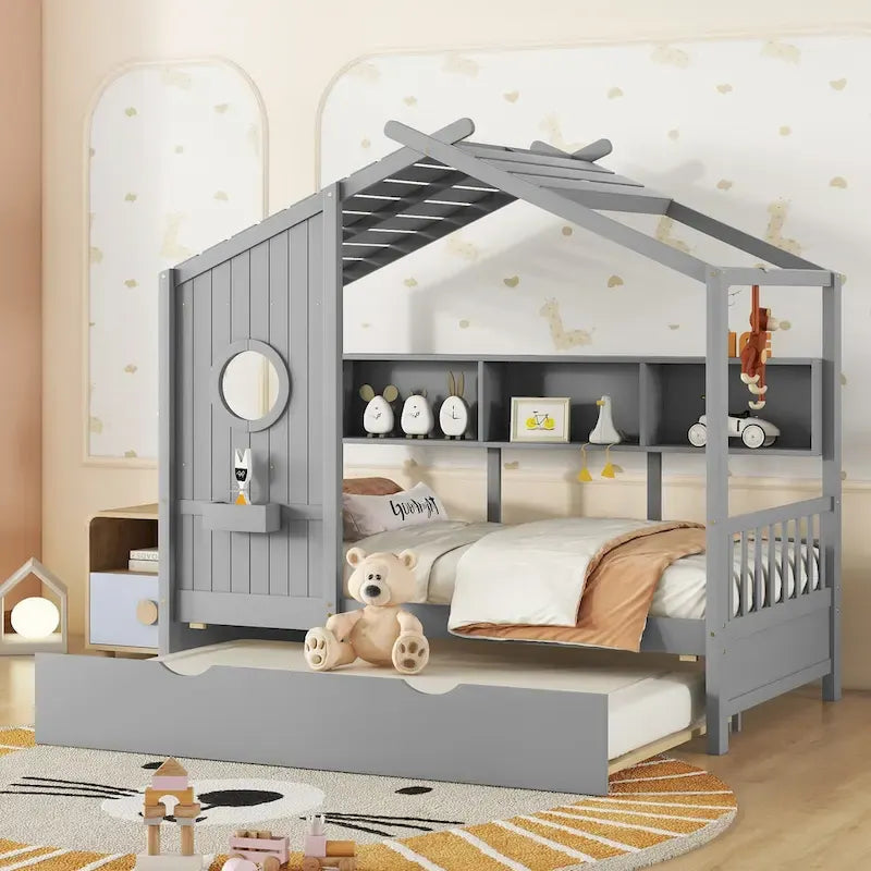 Gray / White Pinewood House-Shaped Kids Bed with Trundle & 3 Back Shelves – Twin / Full – 1 Person