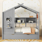 Gray / White Pinewood House-Shaped Kids Bed with Trundle & 3 Back Shelves – Twin / Full – 1 Person