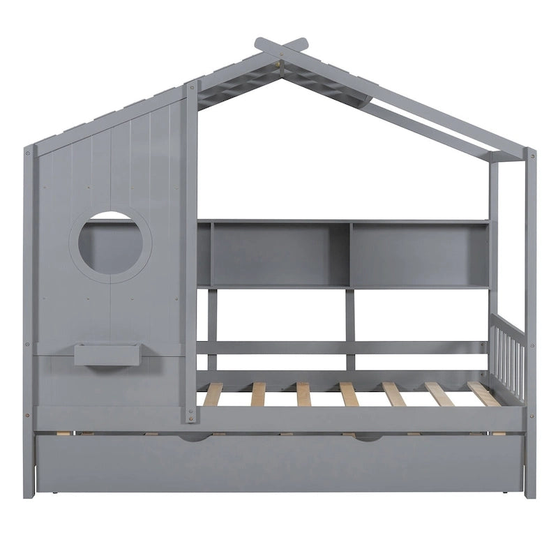 Gray / White Pinewood House-Shaped Kids Bed with Trundle & 3 Back Shelves – Twin / Full – 1 Person