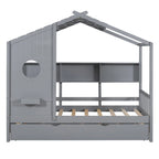Gray / White Pinewood House-Shaped Kids Bed with Trundle & 3 Back Shelves – Twin / Full – 1 Person