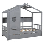 Gray / White Pinewood House-Shaped Kids Bed with Trundle & 3 Back Shelves – Twin / Full – 1 Person