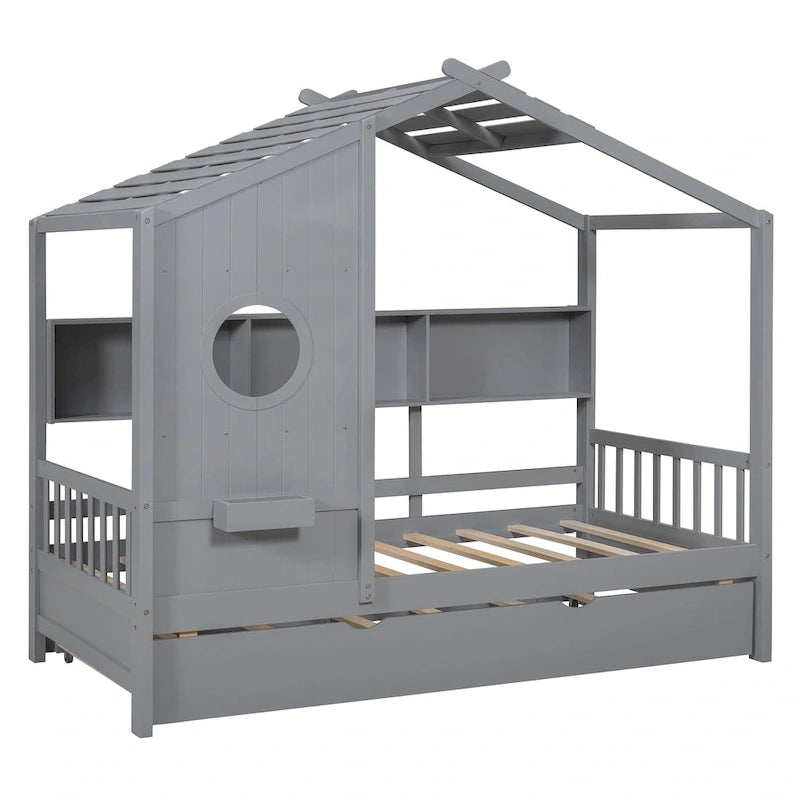 Gray / White Pinewood House-Shaped Kids Bed with Trundle & 3 Back Shelves – Twin / Full – 1 Person