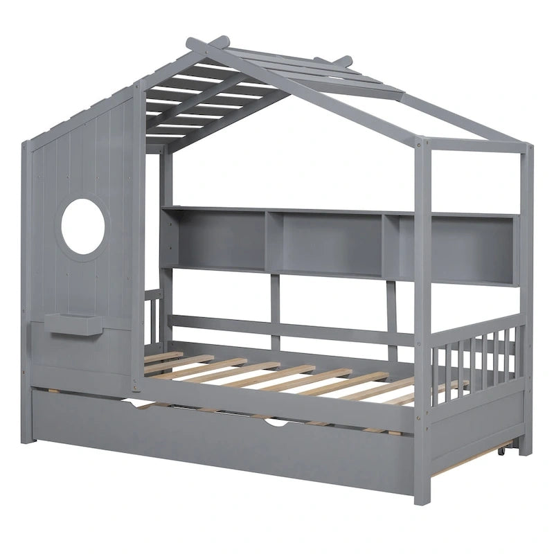 Gray / White Pinewood House-Shaped Kids Bed with Trundle & 3 Back Shelves – Twin / Full – 1 Person