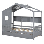 Gray / White Pinewood House-Shaped Kids Bed with Trundle & 3 Back Shelves – Twin / Full – 1 Person