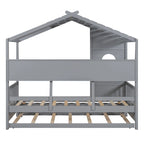 Gray / White Pinewood House-Shaped Kids Bed with Trundle & 3 Back Shelves – Twin / Full – 1 Person