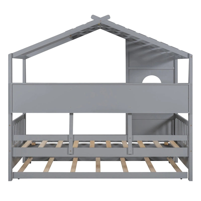Gray / White Pinewood House-Shaped Kids Bed with Trundle & 3 Back Shelves – Twin / Full – 1 Person