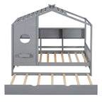Gray / White Pinewood House-Shaped Kids Bed with Trundle & 3 Back Shelves – Twin / Full – 1 Person