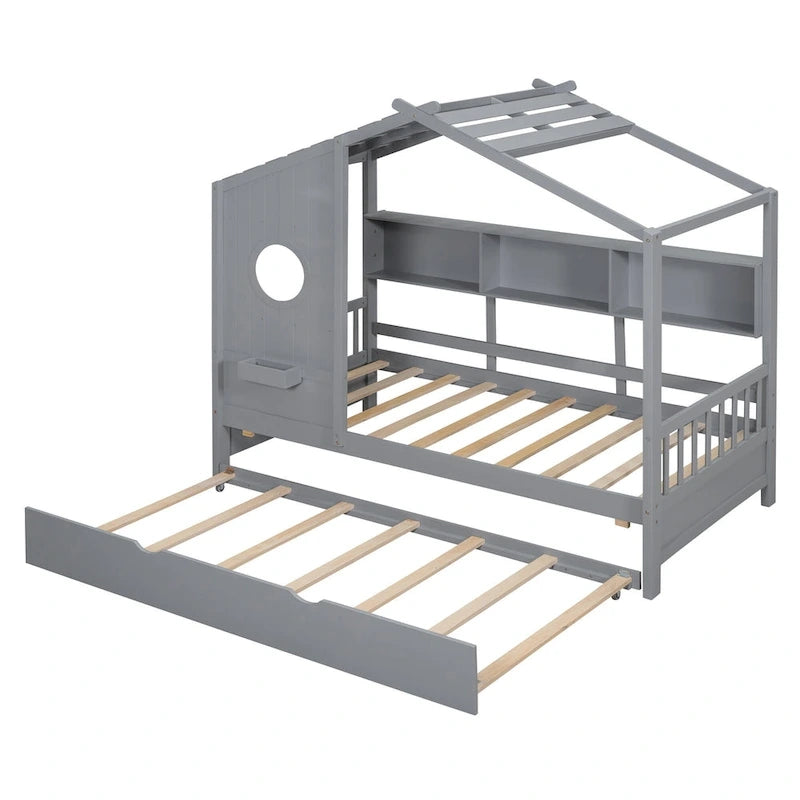Gray / White Pinewood House-Shaped Kids Bed with Trundle & 3 Back Shelves – Twin / Full – 1 Person