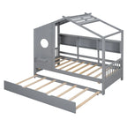 Gray / White Pinewood House-Shaped Kids Bed with Trundle & 3 Back Shelves – Twin / Full – 1 Person