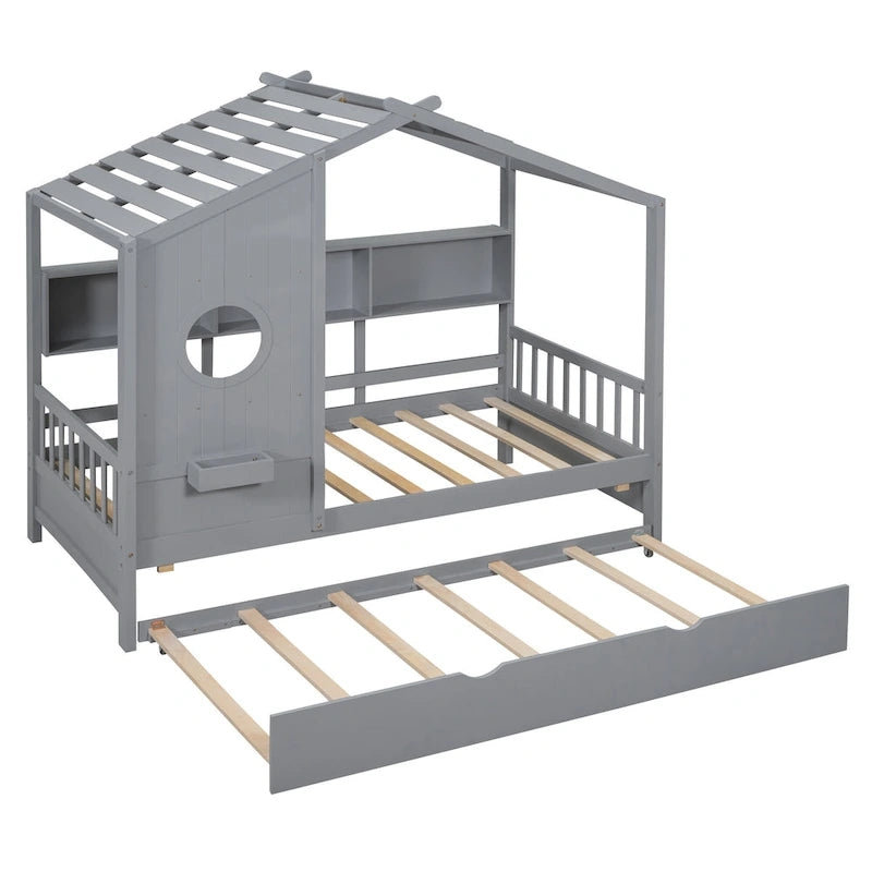 Gray / White Pinewood House-Shaped Kids Bed with Trundle & 3 Back Shelves – Twin / Full – 1 Person