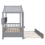 Gray / White Pinewood House-Shaped Kids Bed with Trundle & 3 Back Shelves – Twin / Full – 1 Person