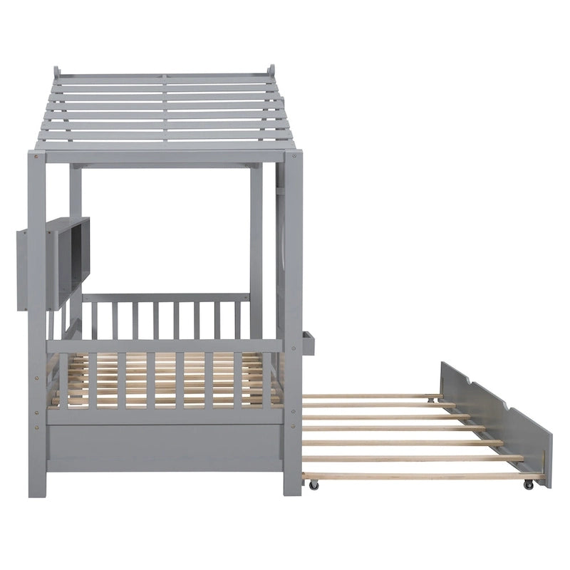 Gray / White Pinewood House-Shaped Kids Bed with Trundle & 3 Back Shelves – Twin / Full – 1 Person