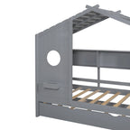Gray / White Pinewood House-Shaped Kids Bed with Trundle & 3 Back Shelves – Twin / Full – 1 Person