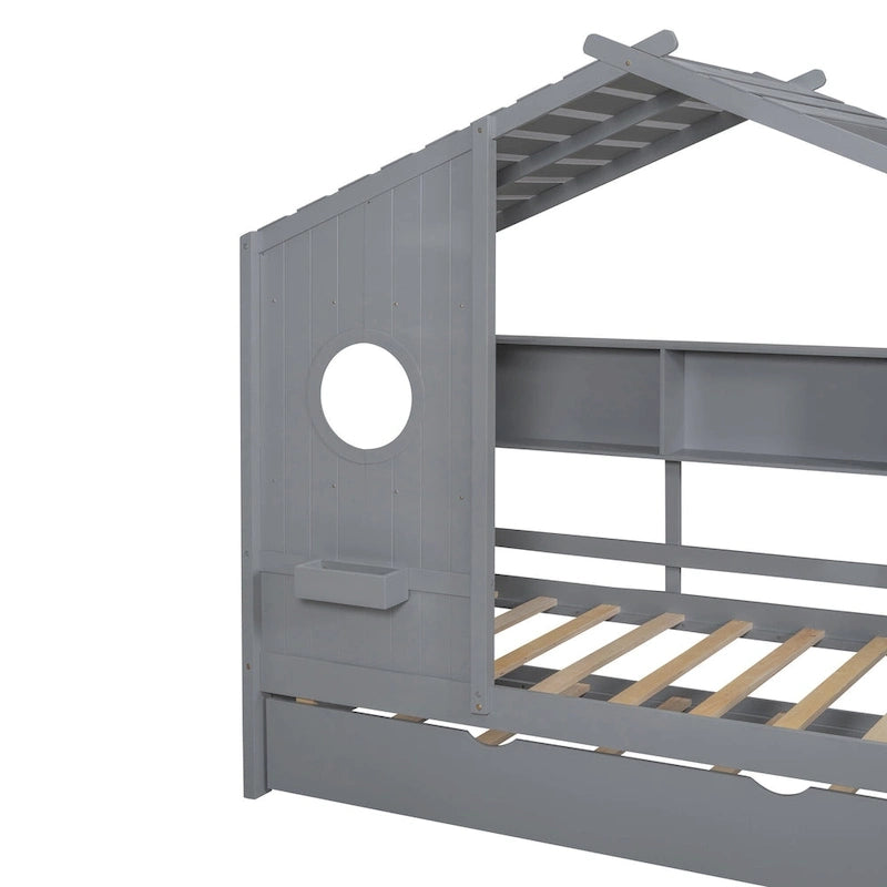 Gray / White Pinewood House-Shaped Kids Bed with Trundle & 3 Back Shelves – Twin / Full – 1 Person