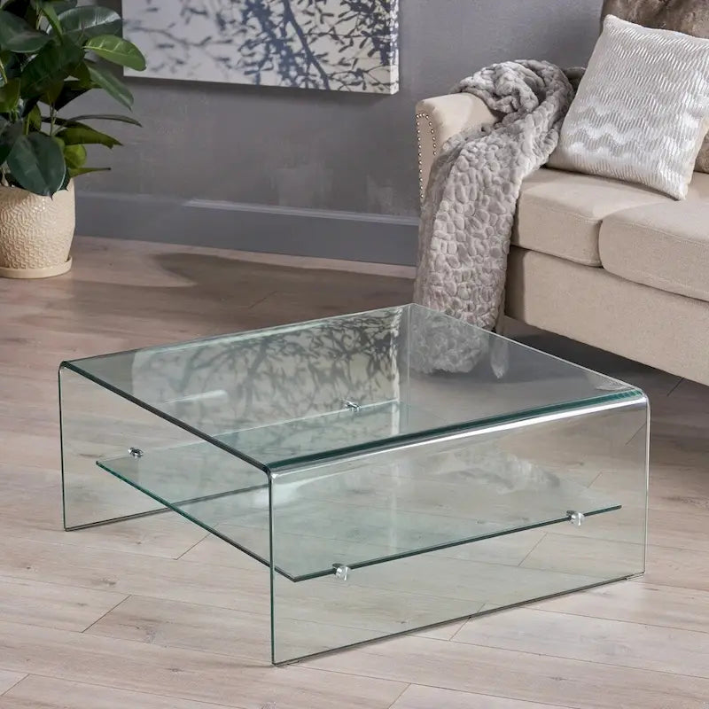 Clear Tempered Glass Square Coffee Table with Lower Shelf