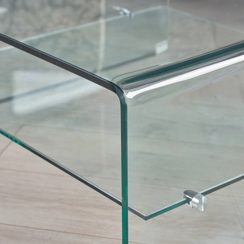Clear Tempered Glass Square Coffee Table with Lower Shelf