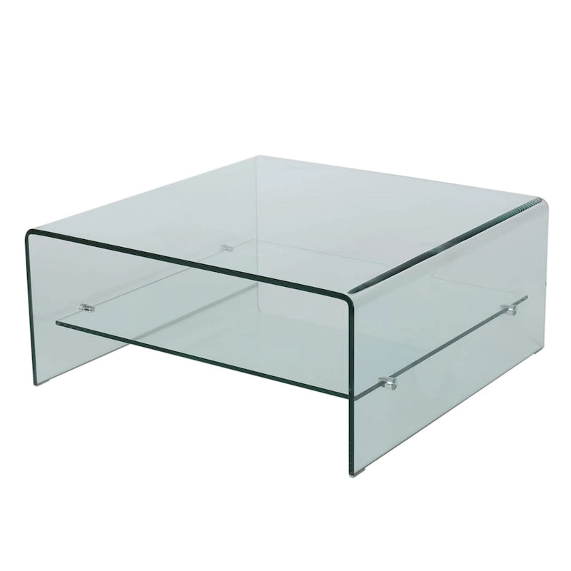 Clear Tempered Glass Square Coffee Table with Lower Shelf